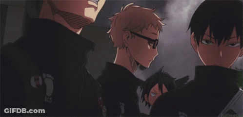 A Group Of Anime Characters Standing Next To Each Other With Birds Flying In The Background GIF