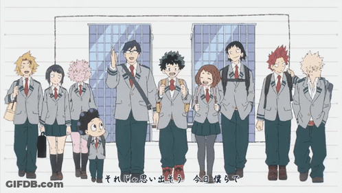 A Group Of Anime Characters Standing Next To Each Other With Chinese Writing GIF