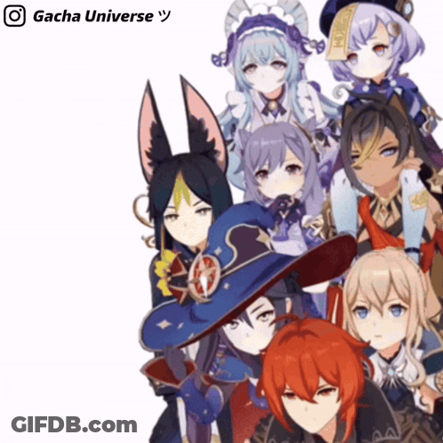 A Group Of Anime Characters Standing Next To Each Other With Gacha Universe Written On The Bottom GIF