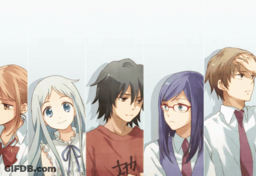 A Group Of Anime Characters Standing Next To Each Other With One Wearing A Red Shirt With Chinese Characters On It GIF