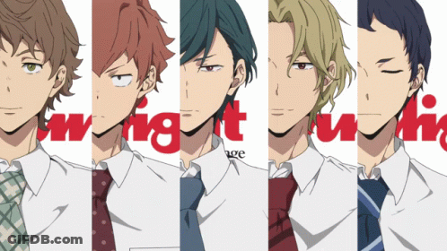 A Group Of Anime Characters Standing Next To Each Other With The Word Wig On The Bottom Left GIF