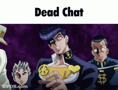 A Group Of Anime Characters Standing Next To Each Other With The Words Dead Chat Written Above Them GIF