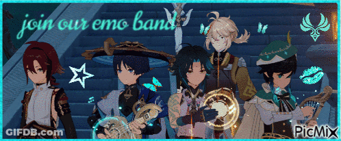 A Group Of Anime Characters Standing Next To Each Other With The Words " Join Our Emo Band " Written Above Them GIF