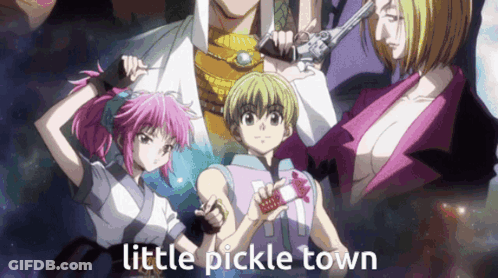 A Group Of Anime Characters Standing Next To Each Other With The Words Little Pickle Town On The Bottom GIF