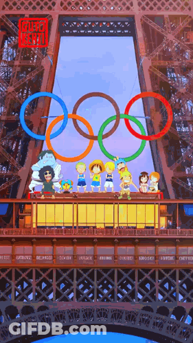 A Group Of Anime Characters Standing On Top Of An Eiffel Tower In Front Of The Olympic Rings GIF