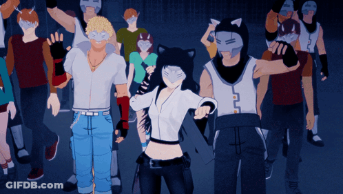 A Group Of Anime Characters Wearing Masks Are Standing In A Dark Room GIF