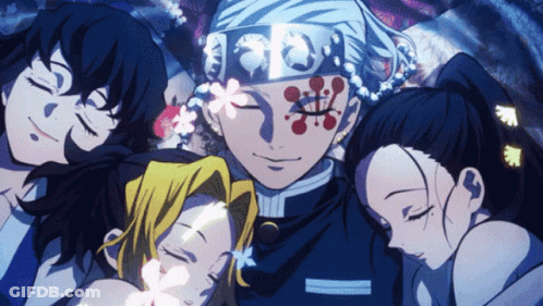 A Group Of Anime Characters With One Wearing A Bandana That Says " Foo " GIF