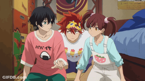 A Group Of Anime Characters With One Wearing A Shirt That Says ' Papaya ' On It GIF