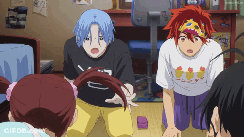 A Group Of Anime Characters With One Wearing A T-Shirt That Says ' Duck ' On It GIF