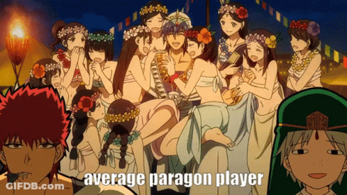 A Group Of Anime Characters With The Words Average Paragon Player On The Bottom Right GIF