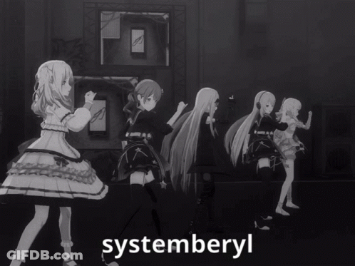 A Group Of Anime Girls Are Dancing In A Black And White Photo With The Word Systemberyl On The Bottom GIF