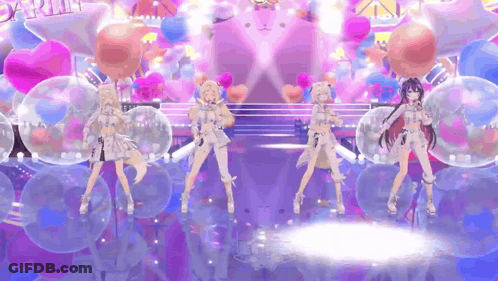 A Group Of Anime Girls Are Dancing On A Stage Surrounded By Balloons And Hearts . GIF