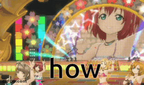 A Group Of Anime Girls Are Dancing On A Stage With The Word How In The Upper Right Corner GIF