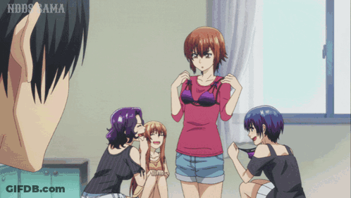 A Group Of Anime Girls Are Gathered Around A Man In A Room With The Words Hddsama On The Bottom Right GIF