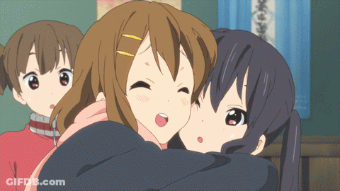 A Group Of Anime Girls Are Hugging Each Other And One Of Them Has A Surprised Look On Her Face GIF