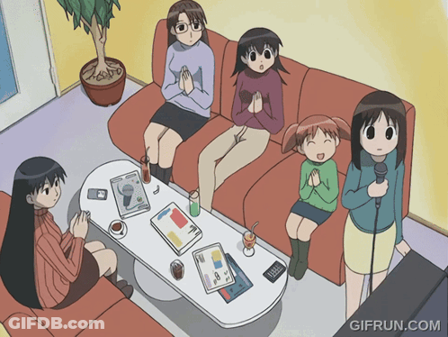 A Group Of Anime Girls Are Sitting Around A Table With A Gifrun.com Watermark GIF