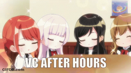 A Group Of Anime Girls Are Sitting At A Table With The Words " Vc After Hours " On The Bottom GIF