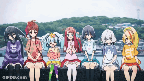 A Group Of Anime Girls Are Sitting On A Ledge With One Wearing A Shirt That Says ' A ' On It GIF