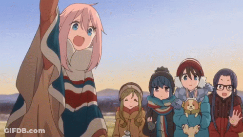 A Group Of Anime Girls Are Standing In A Field With One Girl Holding A Dog GIF
