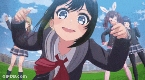 A Group Of Anime Girls Are Standing In A Field With One Pointing At The Camera GIF