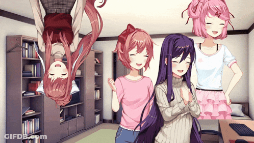 A Group Of Anime Girls Are Standing In A Room And One Girl Is Upside Down GIF