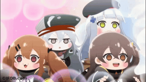 A Group Of Anime Girls Are Standing Next To Each Other And One Of Them Has The Letter C On Her Hat GIF