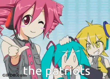 A Group Of Anime Girls Are Standing Next To Each Other With The Words " The Patriots " On The Bottom Right GIF