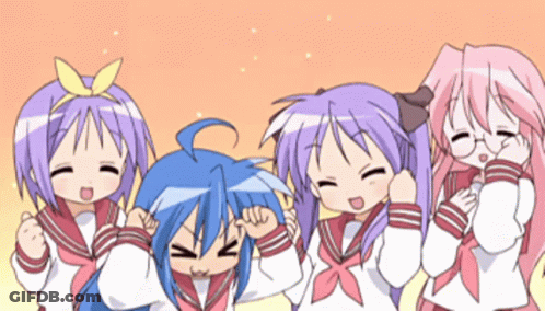 A Group Of Anime Girls Are Standing Next To Each Other With Their Eyes Closed GIF