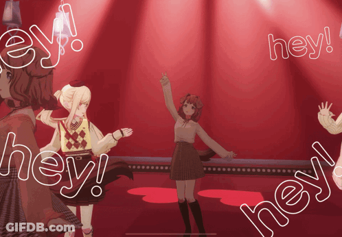 A Group Of Anime Girls Are Standing On A Stage With The Words Hey Written Around Them GIF