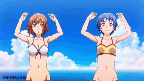 A Group Of Anime Girls In Bikinis Are Dancing On A Beach . GIF