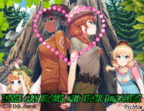 A Group Of Anime Girls Standing Next To Each Other With The Words " Free Gilmans And Their Daughters " Written On The Bo GIF