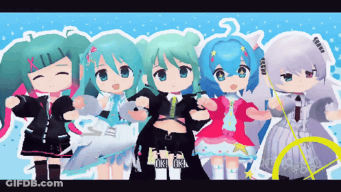 A Group Of Anime Girls Standing Next To Each Other With The Words Ok Ok On The Bottom Left GIF