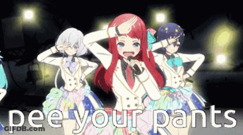 A Group Of Anime Girls Standing Next To Each Other With The Words " Pee Your Pants " Written Below Them GIF
