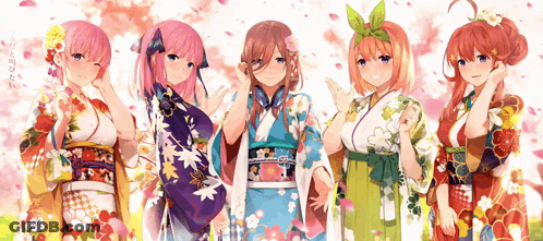 A Group Of Anime Girls Wearing Kimonos Are Standing In A Row GIF