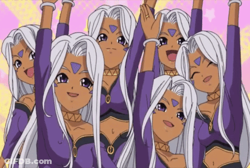 A Group Of Anime Girls With Their Arms Up GIF
