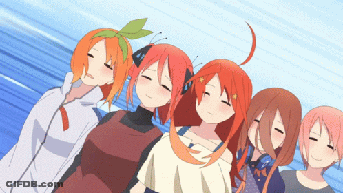 A Group Of Anime Girls With Their Eyes Closed In A Row GIF