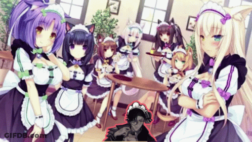 A Group Of Anime Maids Are Standing Around A Table In A Room GIF