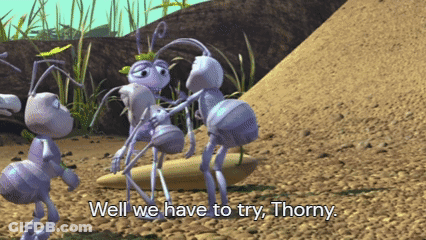 A Group Of Ants Are Standing In The Dirt And One Of Them Says " Well We Have To Try Thorny " GIF