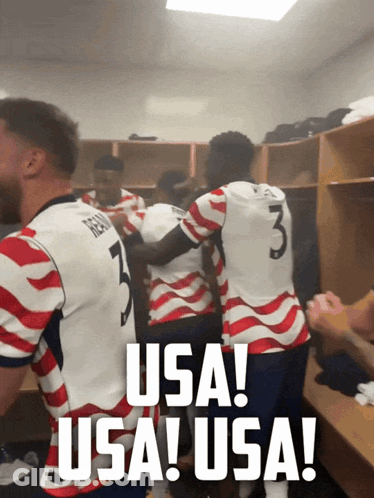 A Group Of Athletes In A Locker Room With The Words Usa Usa Usa On The Bottom GIF