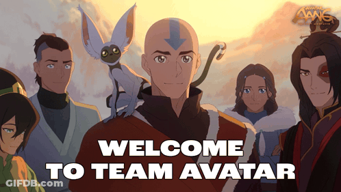 A Group Of Avatar Characters Are Standing Next To Each Other With The Words Welcome To Team Avatar Below Them GIF