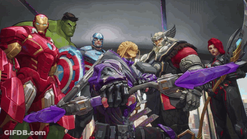 A Group Of Avengers Standing Next To Each Other Holding Weapons GIF