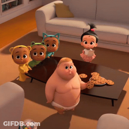 A Group Of Baby Cartoon Characters Standing Around A Table With Cookies On It GIF