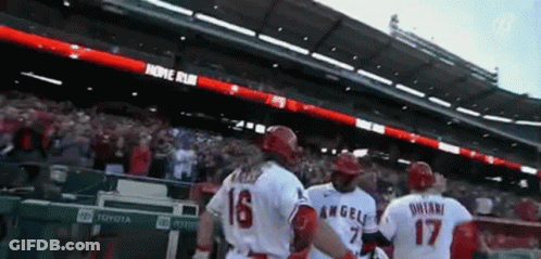 A Group Of Baseball Players Are Standing In A Stadium With A Banner That Says Home Run GIF