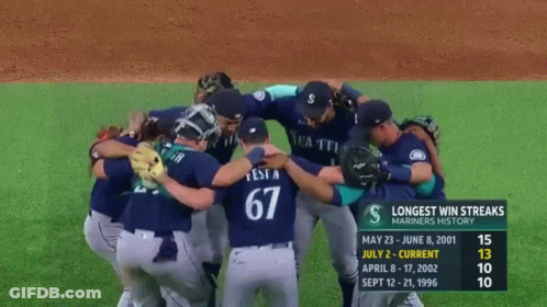 A Group Of Baseball Players Huddled Together With The Number 67 On The Back Of Their Jersey GIF