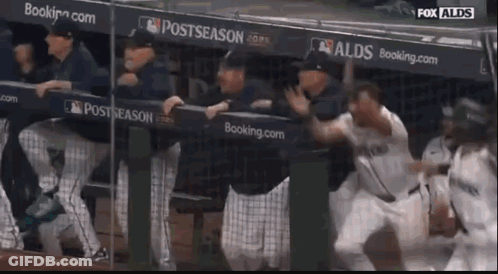 A Group Of Baseball Players In A Dugout With Fox Alds On The Bottom Right GIF