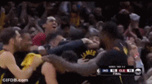 A Group Of Basketball Players Are Huddled Together And One Has The Word James On His Shirt GIF