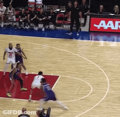 A Group Of Basketball Players Are Playing On A Court With A Aar Sign In The Background GIF