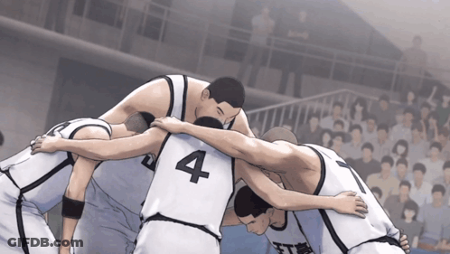 A Group Of Basketball Players Huddle Together With The Number 4 On Their Back GIF