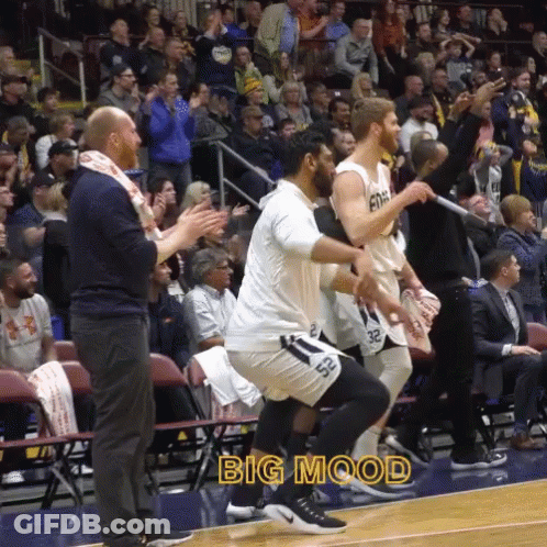 A Group Of Basketball Players On A Court With The Words Big Mood Written On The Bottom GIF