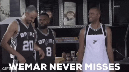 A Group Of Basketball Players Standing Next To Each Other In A Kitchen With The Words `` Wemar Never Misses '' . GIF